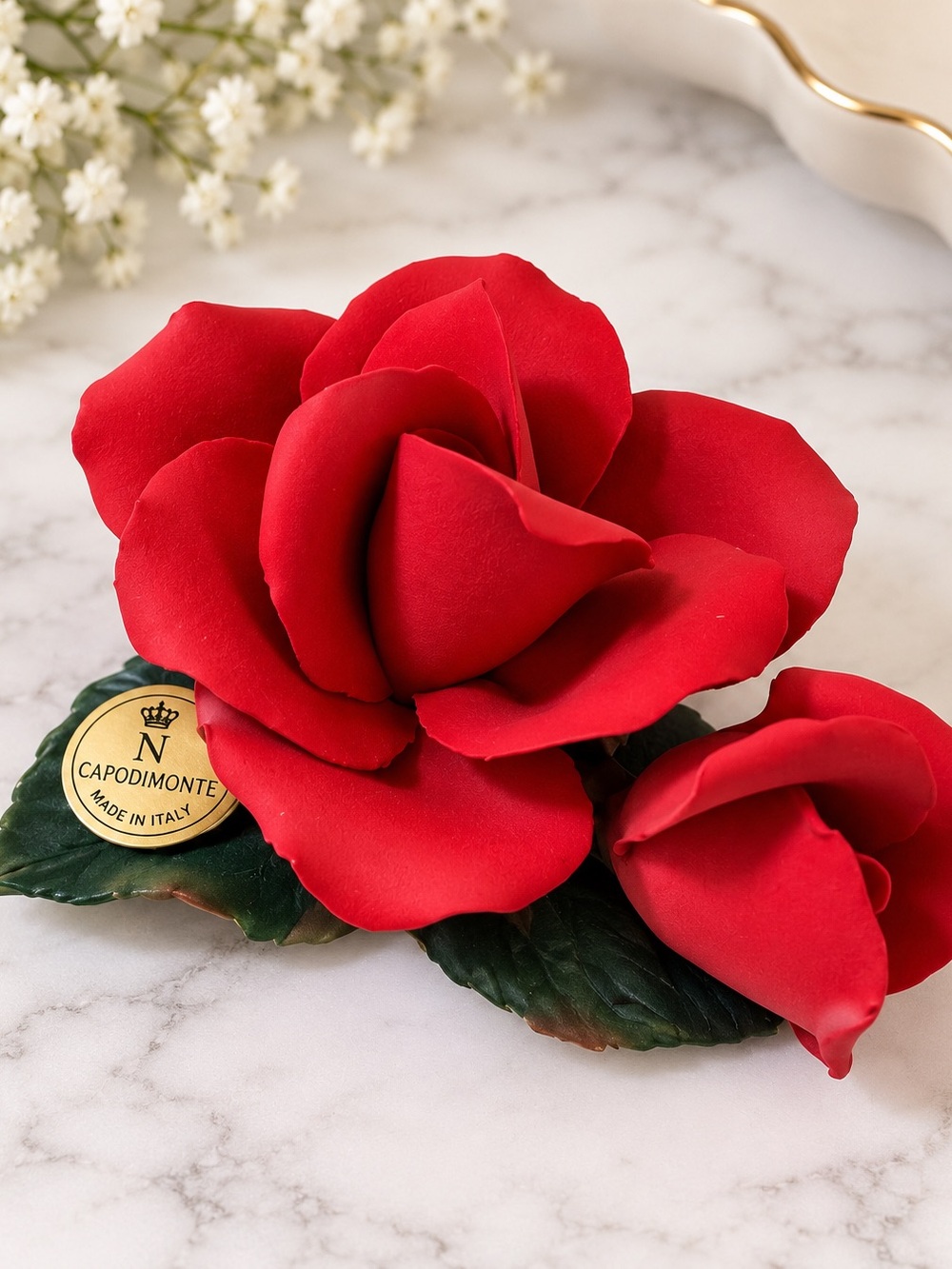 Vintage Capodimonte Red Porcelain Rose Flower Made in Italy